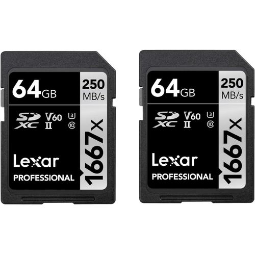 Professional 1667x Carte SD 64 Go,Lot de 2 Cartes,Carte Memoire SDXC UHS-II,Jusqu'à 250 Mo/s en lecture,Class 10,U3,V60,SD pour photographe professionnel,vidéaste (LSD1667064G-B2NAA)