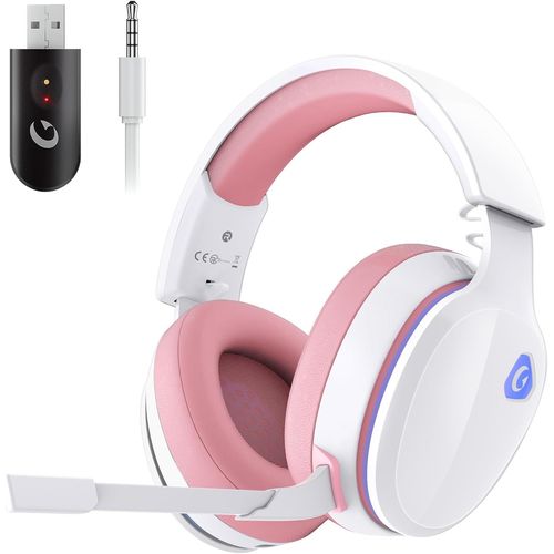 Casque Gaming Sans Fil,Casque Gamer 2,4 Ghz Pour Pc/Ps5/Switch,Casque Gaming Ps5 Avec Transducteurs 50mm,Microphone Anti-Bruit,Casque Ps5 Avec Son Surrou(Rose)
