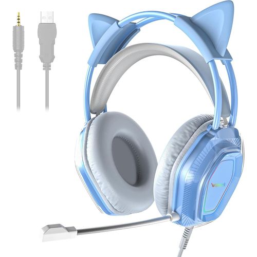 Casque Gaming Chat-Micro Intégré,Jack 3.5mm/Usb-Pc/Ps5/Xbox-Réduction Bruit,Hifi 20hz-20khz-Léger Pour Femmes (Bleu)