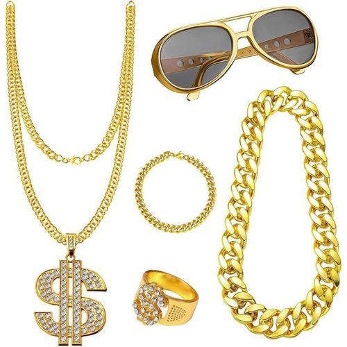 Lot De 5 Colliers Dollar - Bracelet En Or Pour Homme - Accessoires Des Années 90 - Accessoires Des Années 80 - Accessoires Pour Homme - Ensemble De Fête - Accessoires Photo.[N350]