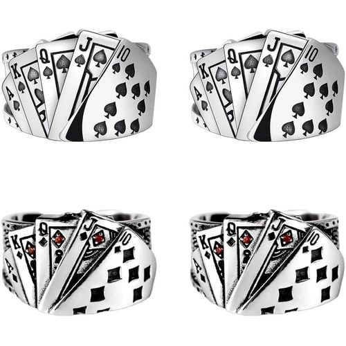 Lot De 4 Bagues Vintage Punk Pour Poker-Bague Gothique Ouverte-Bague De Cheville Pour Homme Et Femme-C?urs Et Argent De Pique.[Y748]