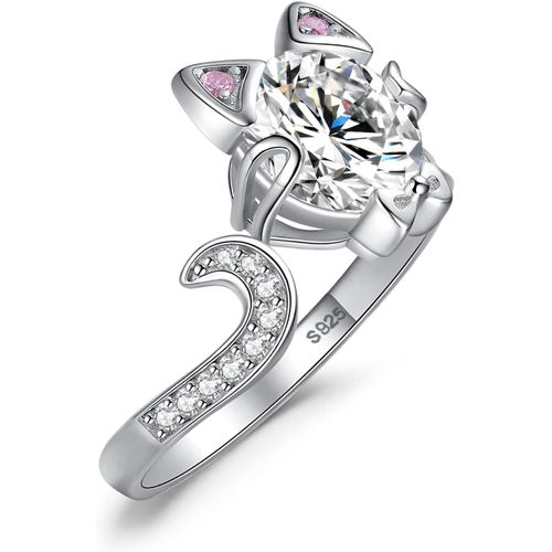 3ct Bague N?ud Papillon Chat Rond Cubique Zircon Argent 925 Pour Femme,Bague Reglable E Anneau Ouverte Pour Fille,Ensemble Parure De Bijoux Cadeau Anniversaire.[Y783]