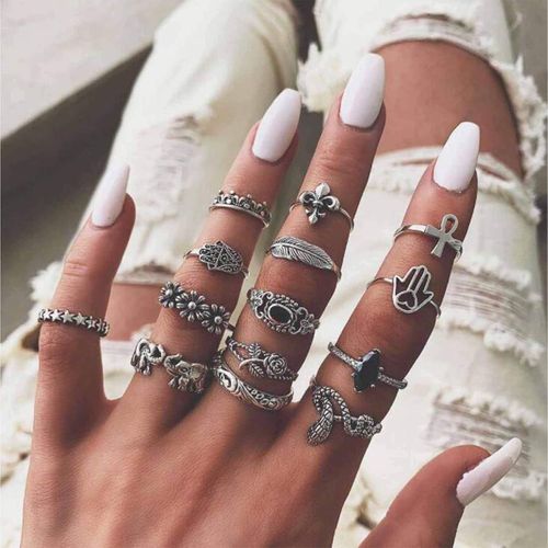 Lot De Bagues De Phalange Vintage Bohème En Argent Avec Feuille D'éléphant Empilable Rétro Et Pierre De Lune-Accessoires De Main Pour Femmes Et Filles,Argent.[Y794]