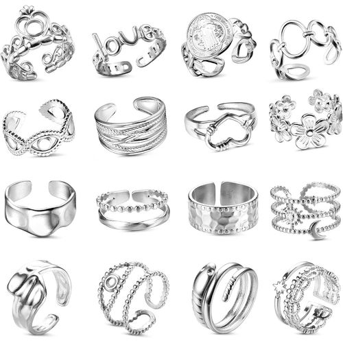 16 Pièces Bague Argent Femme Inoxydable Ouvert Réglable Vague Bague Câlin Main Doigt Anneaux Pouce Empilables Noeud Plume Knuckle Bague Orteil Lot Bague Pour Femmes Filles.[Y6]