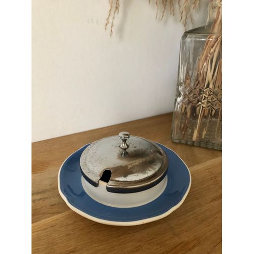 Vintage Pot Bleu Avec Couvercle En Métal Argenté Faïence Villeroy & Boch