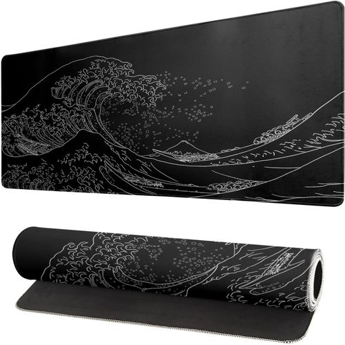 Grand tapis de souris japonais motif vague de mer, tapis de souris Kanagawa étendu, 3 mm d'épaisseur, base en caoutchouc antidérapant, 80 x 30 cm.[F929]