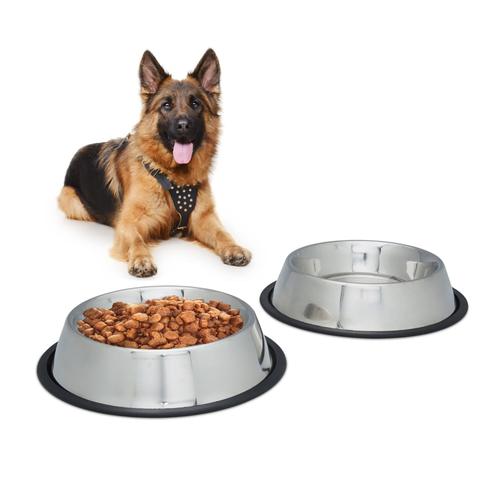 Relaxdays Set 2x Gamelles Chiens Écuelles Eau Bol Croquette Pâtée Antidérapant Inox Antirouille Taille Xl Argenté