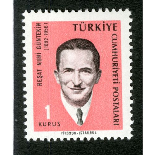 Timbre Oblitéré Turkiye Cumhuriyeti Postalari, Resat Nuri Guntekin, 1892-1956, 1 Kurus