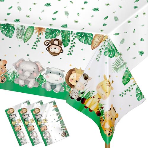 Nappe Anniversaire en Papier, 4 Pièces Anniversaire Jungle, 137 x 274cm Nappe Anniversaire Fille, pour Enfants Garçons Filles Baby Shower Décorer d'anniversaire Fête à Thème Jungle