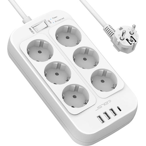 Multiprise Electrique,Bloc 6 Prises 3680W 13A avec 4 Ports Chargeur (3 USB A+1 USB C) Prise Multi Parasurtenseur Parafoudre et Surtension avec Interrupteur Cable 2m-Blanc.[Y53]