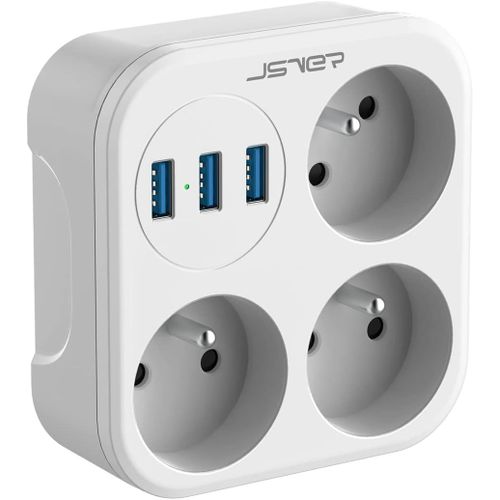 Prise Multiple USB Murale,FR Multiprise Murale 16A 3 Prises AC et 3 Ports USB(5V/3,1A,15,5W) Prise Universelle Electrique pour Domicile/Bureau/Voyages-Blanc.[Y89]