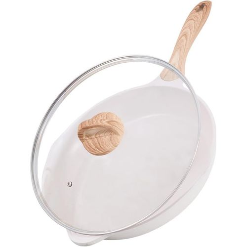 Poêle 32 Cm Avec Lid,Poele Induction Avec Revêtement,Poêle A Frire Antiadhésive,Convient Pour Toutes Les Cuisinières,Sans Pfoa, Beige