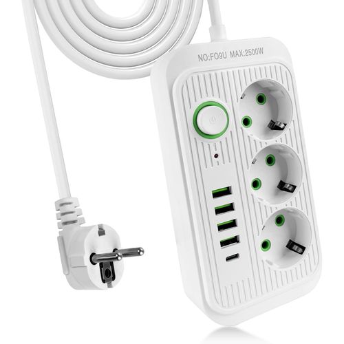 Multiprise Electrique,Bloc Multiprise,Multiprise Parasurtenseur,3 Prises Outlet + 5 Ports USB,Prise Multi Parasurtenseur Parafoudre et Surtension avec Interrupteur Cable 2m-Blanc.[Y567]