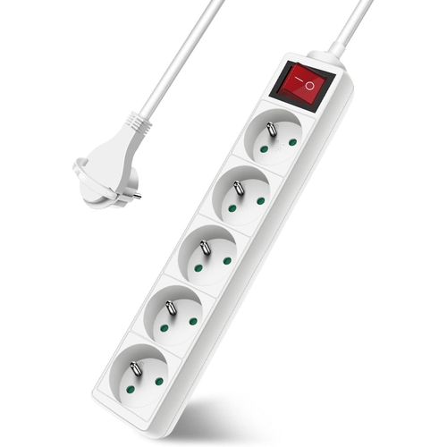 Multiprise 5 Prises avec Interrupteur Fiche Plate,Bloc 5 Prises,Rallonge 3m 230 V avec sécurité Enfant,Blanc.[Y259]