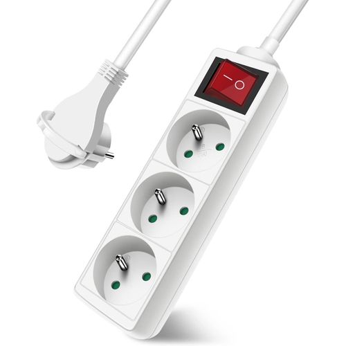 Multiprise 3 Prises avec Interrupteur Fiche Plate,Bloc 3 Prises,Rallonge 3m 230 V avec sécurité Enfant,Blanc.[Y258]