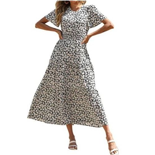 Col Rond À Manches Courtes Pour Femme, Taille Élastique Smockée, Jupe Longue Partiellement Superposée, Motif Floral