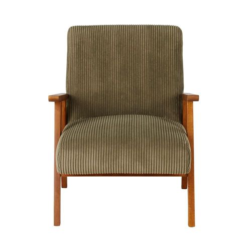 Fauteuil Vintage En Bois De Hêtre Et Velours Côtelé Vert Kaki