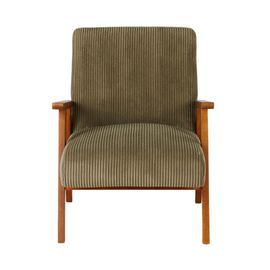 Fauteuil Vintage En Bois De Hêtre Et Velours Côtelé Vert Kaki