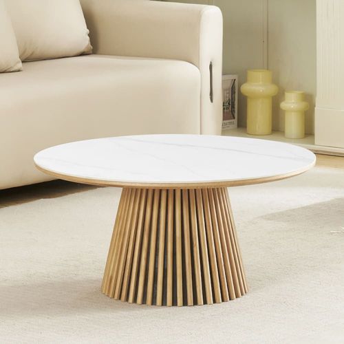 Table Basse Ronde En Céramique Effet Marbre Et Bois Clair Ø80 Cm