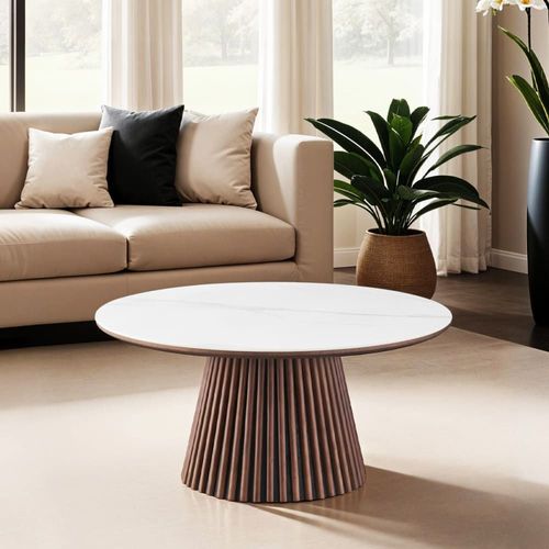 Table Basse Ronde En Céramique Effet Marbre Et Bois Foncé Ø80 Cm