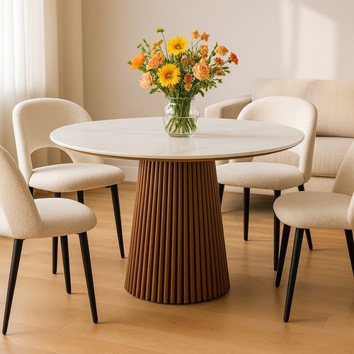Table À Manger Ronde En Céramique Effet Marbre Et Bois Foncé 6 Places