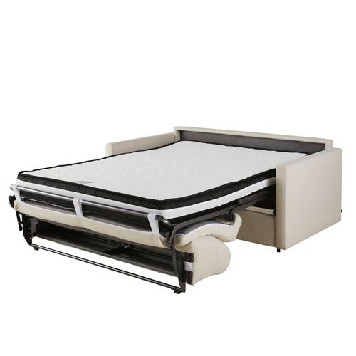 Canapé Convertible 2/3 Places En Textile Tramé Beige, Matelas 18 Cm