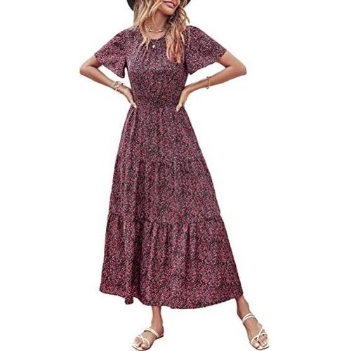 Col Rond À Manches Courtes Pour Femme, Taille Élastique Smockée, Jupe Longue Partiellement Superposée, Motif Floral