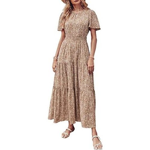 Col Rond À Manches Courtes Pour Femme, Taille Élastique Smockée, Jupe Longue Partiellement Superposée, Motif Floral