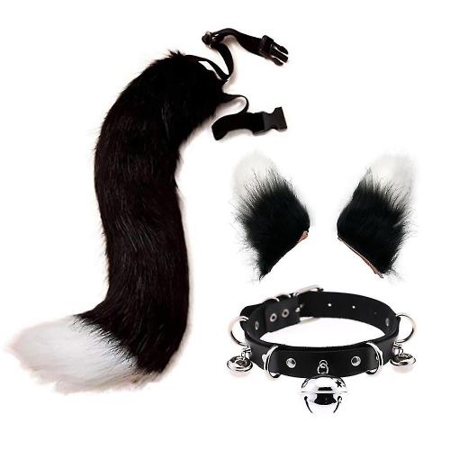 Simulation Oreilles d'animaux en peluche Costume d'Halloween Bijoux de queue d'animal Cos Oreilles de renard Épingle à cheveux Homme Accessoires d'exposition Accessoires 60 cm noir et blanc