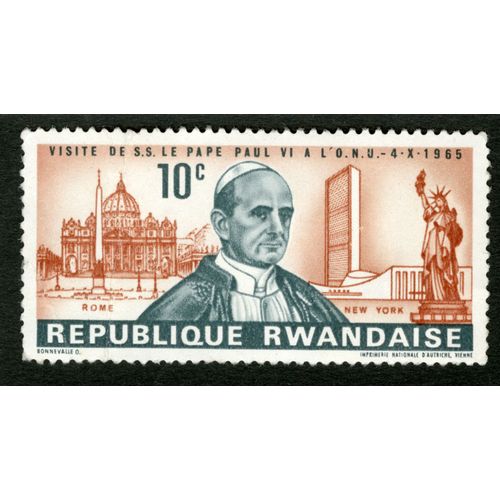 Timbre Non Oblitéré République Rwandaise, Visite De S.S. Le Pape Paul Vi À L'o.N.U 4.X.1965, 10 C