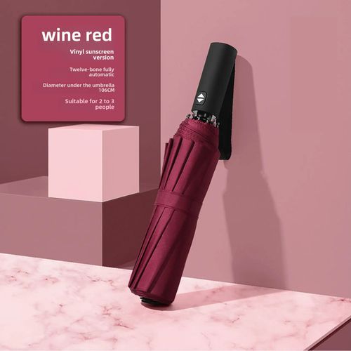Pare-Soleil Pliant Automatique Pour Hommes Et Femmes,Parapluie Étudiant Contre - Vinyle Épaississant Automatique 12 Os-Vin Rouge