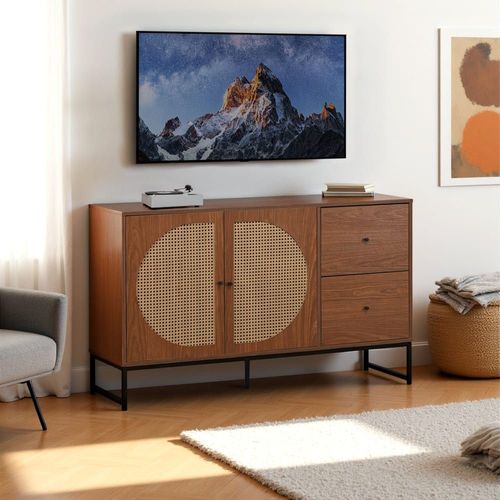 Meuble Tv En Bois Avec Portes En Rotin Et Tiroirs