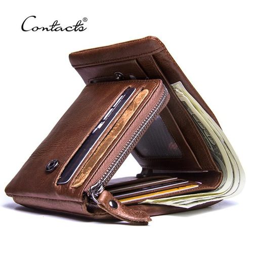 CONTACT'S-Portefeuille en cuir de cheval véritable pour homme,portefeuille vintage à trois volets,porte-monnaie zippé,cuir de vachette
