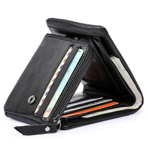 CONTACT'S-Portefeuille en cuir de cheval véritable pour homme,portefeuille vintage à trois volets,porte-monnaie zippé,cuir de vachette
