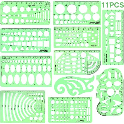 Bmtterqgwo-11 Pieces Gabarits Dessin Geometrique, Regle Plastique Transparente Verte Pour Architecture Bureau Etude Conception