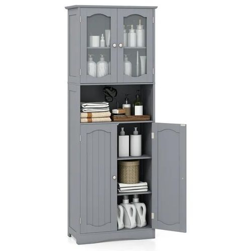 Colonne De Salle De Bain Haute Costway-4 Portes 2 En Verre Dépoli Trempé-Compartiment Ouvert-Étagères Réglables-60x30x164cm Gris