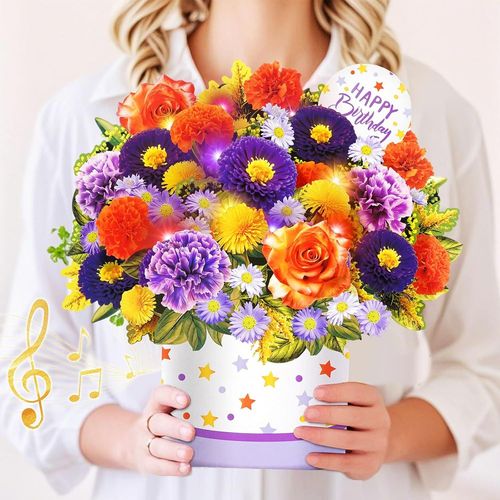 BMTTERQGWO-Cartes d'anniversaire musicales lumineuses bouquet de fleurs eternelles marguerites et roses jaunes 10 pouces cadeaux