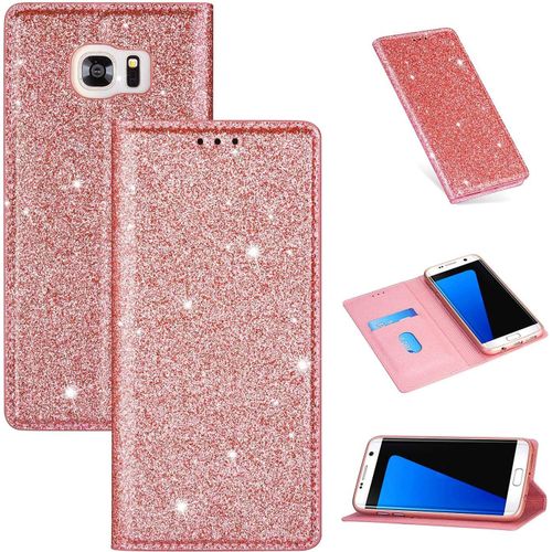 Coque Pour Samsung Galaxy S6 Edge [Pas Pour S6], Housse Coque Portefeuille Case Etui Pu Cuir Paillette Luxe Magnetique Flip Antichoc Porte Carte Protection Pour Galaxy S6 Edge,Or Rose