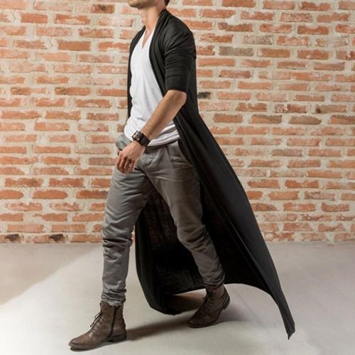 Mode Hommes Couleur Unie À Manches Longues Cardigan Ouvert Avant Trench Coat 4xl Couleur Noir