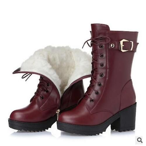 Bottes De Neige En Cuir Véritable Pour Femmes, Talons Hauts, Laine Épaisse, Bottes Militaires Chaudes, Haute Qualité, 36 Laine Rouge