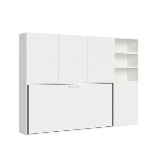 Lit Escamotable Horizontal 1couchage Av.Matelas Effet Bois Frêne Blanc
