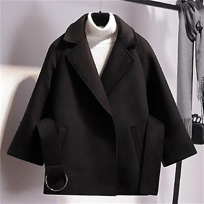 Manteau court en laine pour femmes, avec ceinture, manches Raglan, cape élégante, bouton unique, noir Camel, automne hiver, XXL noir