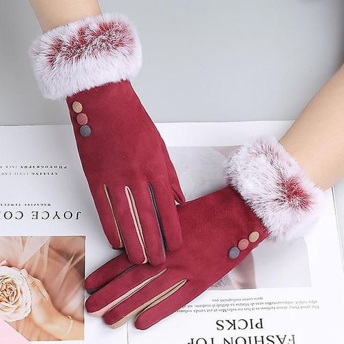 Mode Femmes Hiver Chaud Daim Cuir Écran Tactile Gant Femme Fausse Fourrure De Lapin Broderie Plus Velours Épais Gants De Conduite H92 Taille Unique I67 Rouge