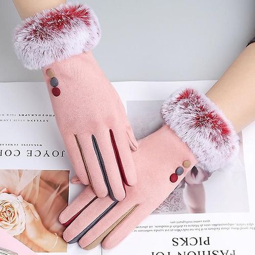 Mode Femmes Hiver Chaud Daim Cuir Écran Tactile Gant Femme Fausse Fourrure De Lapin Broderie Plus Velours Épais Gants De Conduite H92 Taille Unique I67 Rose