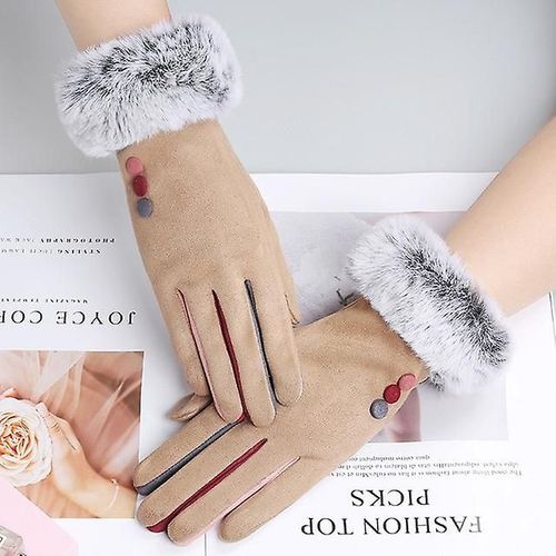 Mode Femmes Hiver Chaud Daim Cuir Écran Tactile Gant Femme Fausse Fourrure De Lapin Broderie Plus Velours Épais Gants De Conduite H92 Taille Unique I67 Kaki