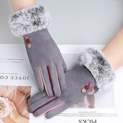 Mode Femmes Hiver Chaud Daim Cuir Écran Tactile Gant Femme Fausse Fourrure De Lapin Broderie Plus Velours Épais Gants De Conduite H92 Taille Unique I67 Gris