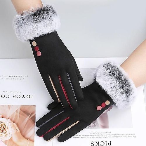 Mode Femmes Hiver Chaud Daim Cuir Écran Tactile Gant Femme Fausse Fourrure De Lapin Broderie Plus Velours Épais Gants De Conduite H92 Taille Unique I67 Noir