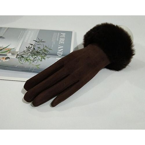 Mode Femmes Hiver Chaud En Daim En Cuir Écran Tactile Gant Femme Faux Lapin Fourrure Broderie Plus Velours Épais Gants De Conduite H92 Taille Unique Café Foncé