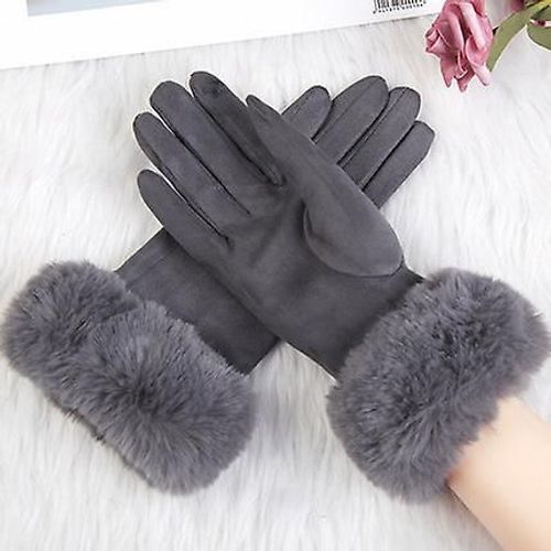 Mode Femmes Hiver Chaud Daim Cuir Écran Tactile Gant Femme Fausse Fourrure De Lapin Broderie Plus Velours Épais Gants De Conduite H92 Taille Unique Gris