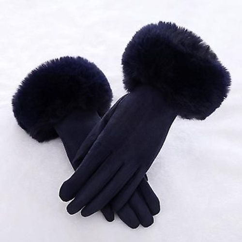 Mode Femmes Hiver Chaud Daim Cuir Écran Tactile Gant Femme Fausse Fourrure De Lapin Broderie Plus Velours Épais Gants De Conduite H92 Taille Unique Bleu Foncé